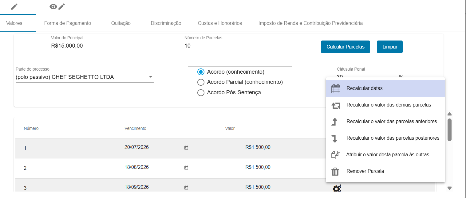 Caixa do acordo no AUD com valor principal de quinze mil reais, dez parcelas calculadas e menu de ações aberto.