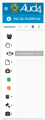 Tela do AUD4 na área Ata da Audiência com barra lateral de autotextos