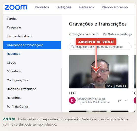 Lista de gravações na nuvem do Zoom com arquivo de vídeo